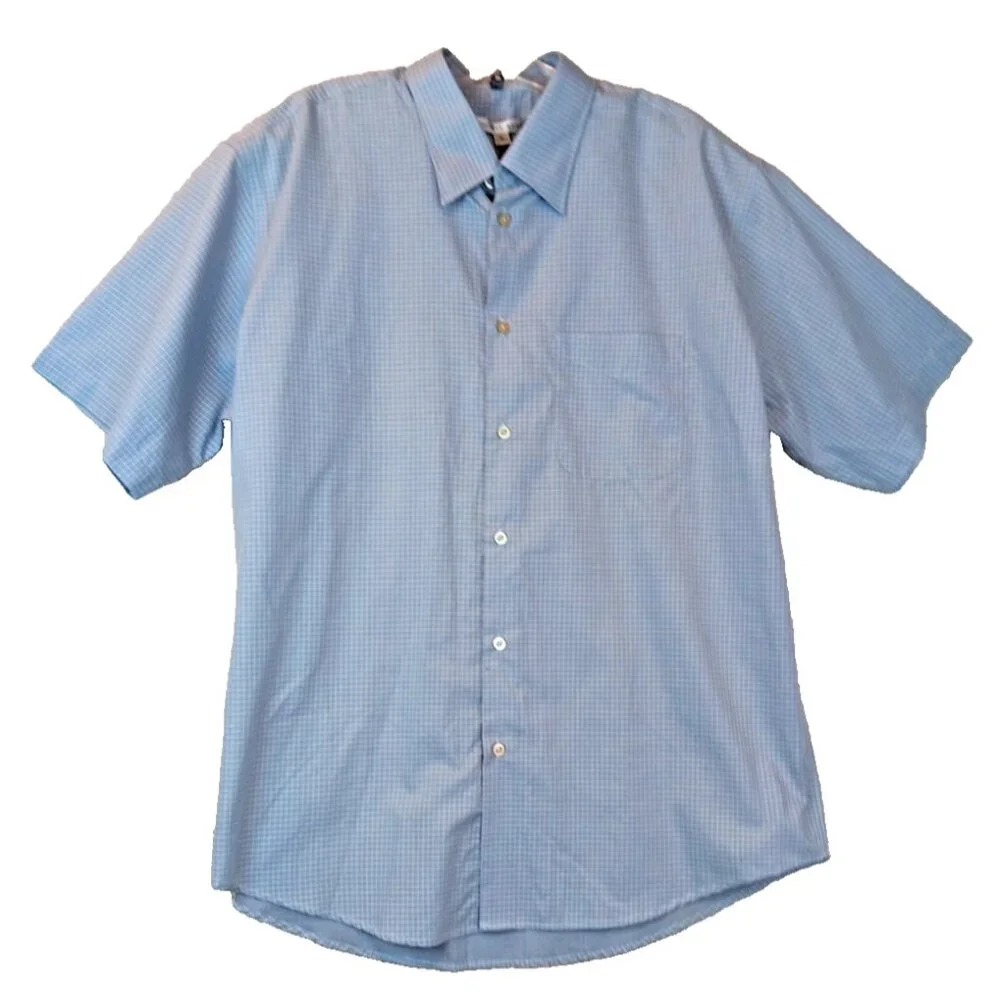 Geoffrey Beene Mens XL Wrinkle Free Blue With‎ White Squares Shirt Button Up